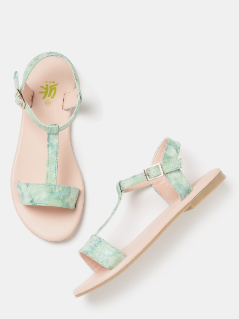 YK Girls Green Printed Open Toe Flats