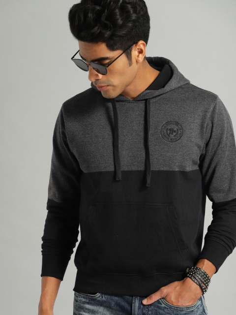 Roadster Men Charcoal Grey & Black Colourblocked Hooded Sweatshirt