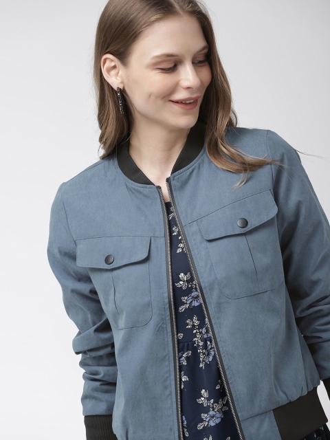 Mast & Harbour Women Blue Solid Bomber Jacket