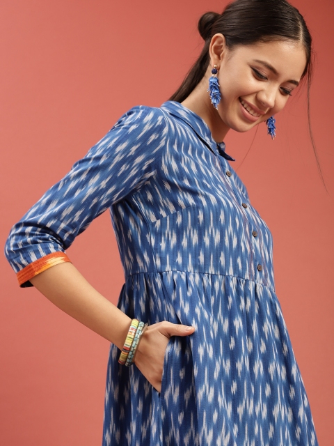 Taavi Women Blue Ikat Woven Design A-Line Dress with Shirt Collar & Pockets
Taavi Women Blue Ikat Woven Design A-Line Dress with Shirt Collar & Pockets