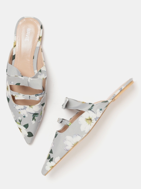 Lavie Women Grey & White Floral Print Mules