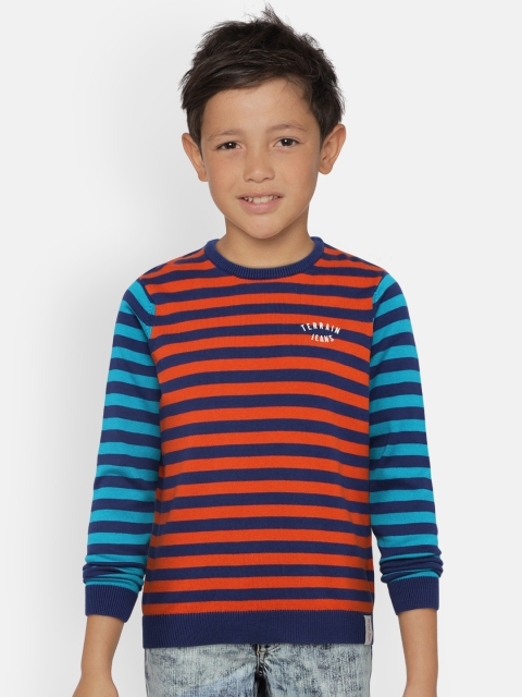 Indian Terrain Boys Orange & Blue Striped Sweater