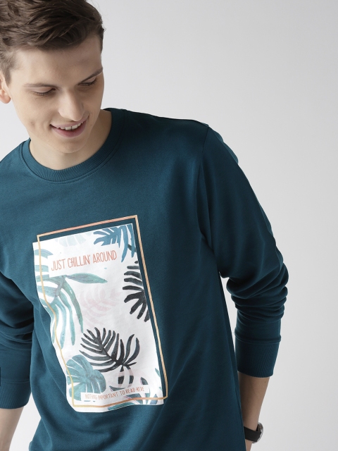 Mast & Harbour Men Teal Blue Printed Sweatshirt