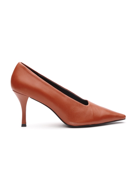 MANGO Women Rust Brown Solid Leather Pumps