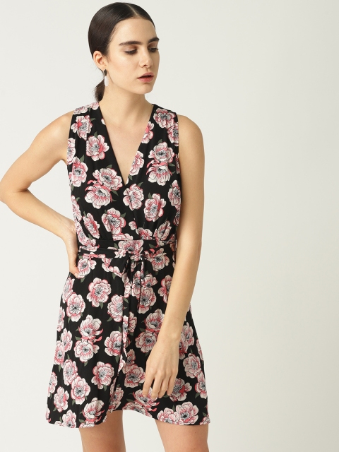MANGO Women Black & Pink Printed Wrap Dress