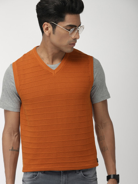Indian Terrain Men Rust Orange Self Design Sleeveless Sweater
Indian Terrain Men Rust Orange Self Design Sleeveless Sweater