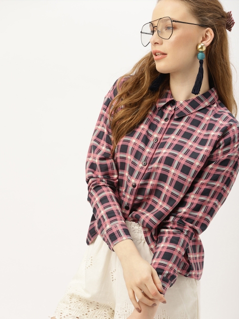DressBerry Women Pink & Black Regular Fit Checked Casual Shirt