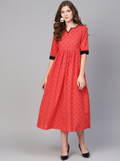 GERUA Women Coral Red & Black Printed A-Line Dress