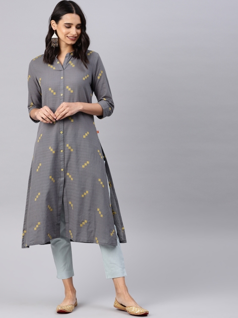 Alena Women Grey Woven Design Straight Kurta