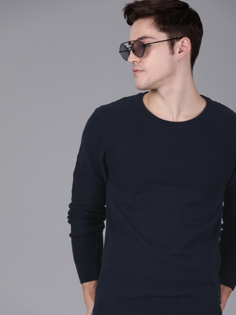 WROGN Men Navy Blue Slim Fit Solid Pullover Sweater