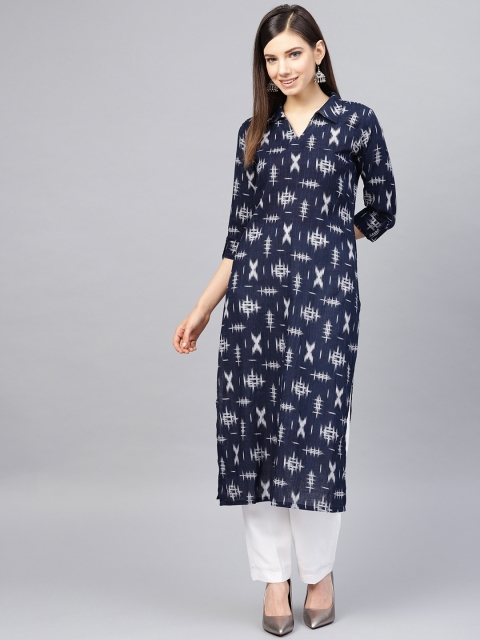AHIKA Women Navy Blue & White Printed Straight Kurta
