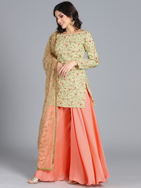 EthnoVogue Women Sea Green & Peach-Coloured Embroidered Kurti with Palazzos & Dupatta
EthnoVogue Women Sea Green & Peach-Coloured Embroidered Kurti with Palazzos & Dupatta