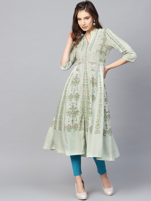 W Women Green & Off-White Floral Printed Anarkali Kurta