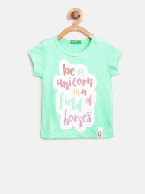 United Colors of Benetton Girls Sea Green & White Printed Round Neck T-shirt