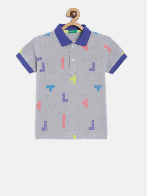 United Colors of Benetton Boys Grey Melange & Blue Printed Polo Collar T-shirt