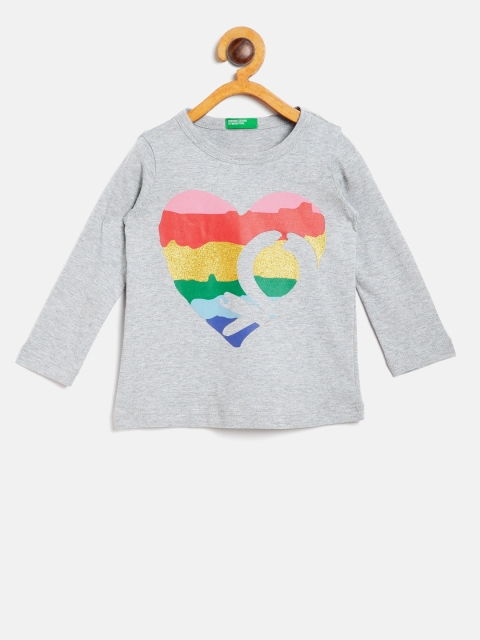 United Colors of Benetton Girls Grey Melange Printed Round Neck T-shirt