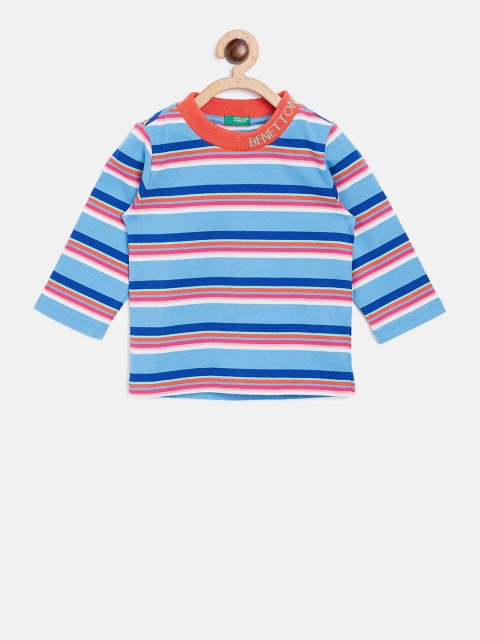 United Colors of Benetton Boys Blue & Pink Striped Round Neck T-shirt