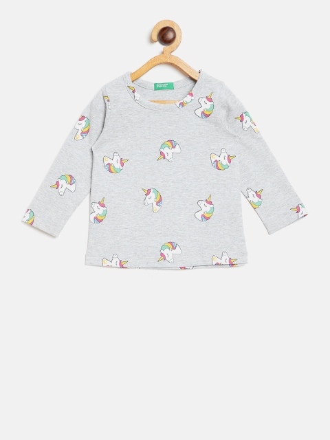 United Colors of Benetton Girls Grey Melange Printed Round Neck T-shirt