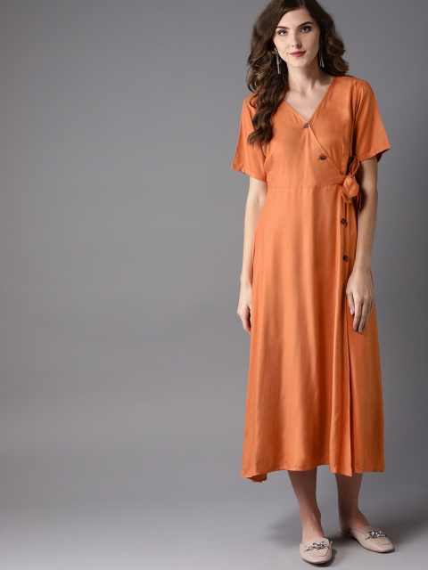 Moda Rapido Women Rust Orange Solid Wrap Dress