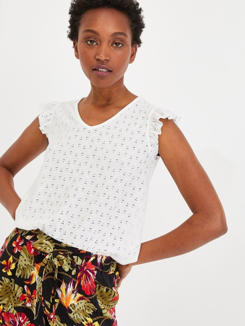 promod Women White Schiffli Embroidered Top