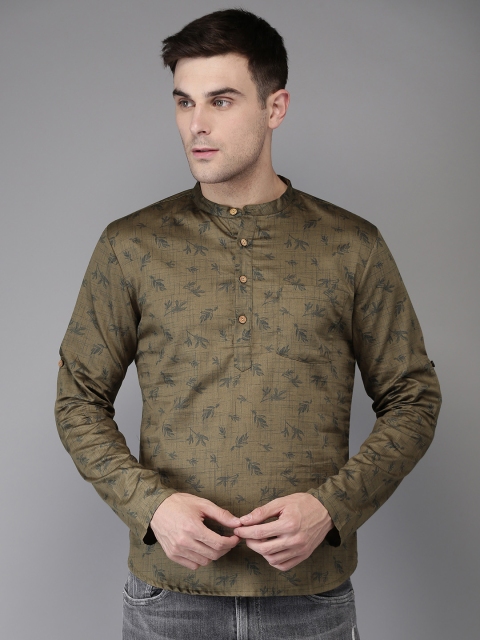 Anouk Men Olive Green Quirky Print Straight Kurta