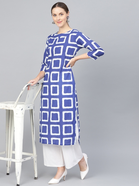Rangoli Jaipur Women Blue & White Printed Straight Kurta