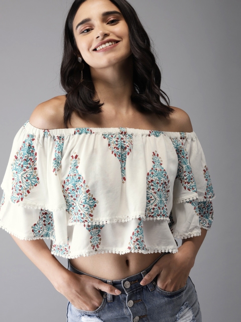 Moda Rapido Women White & Blue Printed Bardot Top