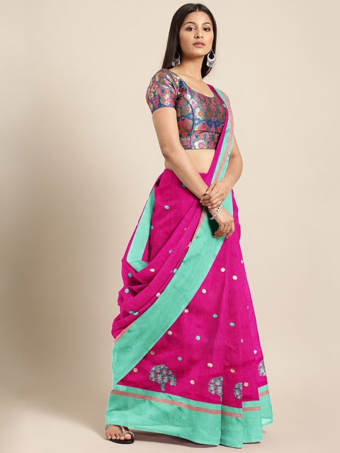 Triveni Pink & Green Silk Cotton Embroidered Saree