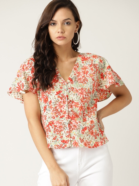 MANGO Women Cream-Coloured & Red Floral Print Top
