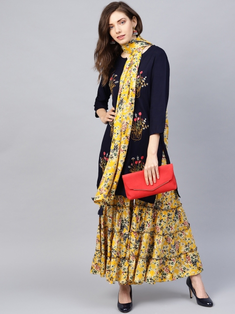 Ishin Women Navy Blue & Mustard Yellow Embroidered Kurta with Block Print Sharara & Stole
Ishin Women Navy Blue & Mustard Yellow Embroidered Kurta with Block Print Sharara & Stole