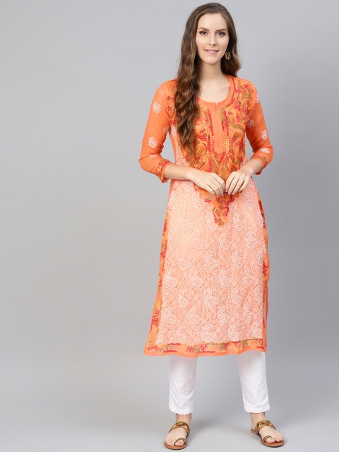 Saadgi Women Orange & White Chikankari Embroidered Handloom Sheer Straight Kurta
Saadgi Women Orange & White Chikankari Embroidered Handloom Sheer Straight Kurta