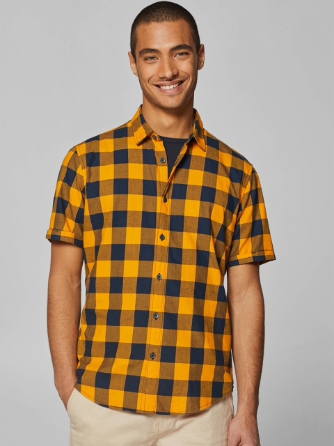 ESPRIT Men Mustard Yellow & Navy Blue Slim Fit Checked Casual Shirt