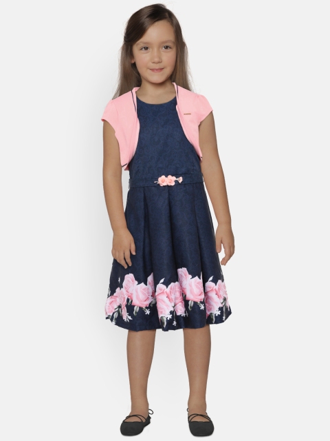 Peppermint Girls Navy Blue & Pink Fit and Flare Dress