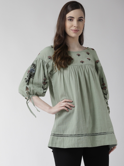 SCOUP Women Green Embroidered Detail A-Line Top
