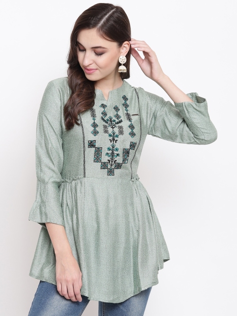 Kvsfab Women Green Embroidered Kurtis
