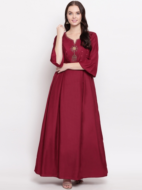 Kvsfab Women Solid Maroon Embellished Maxi Dress