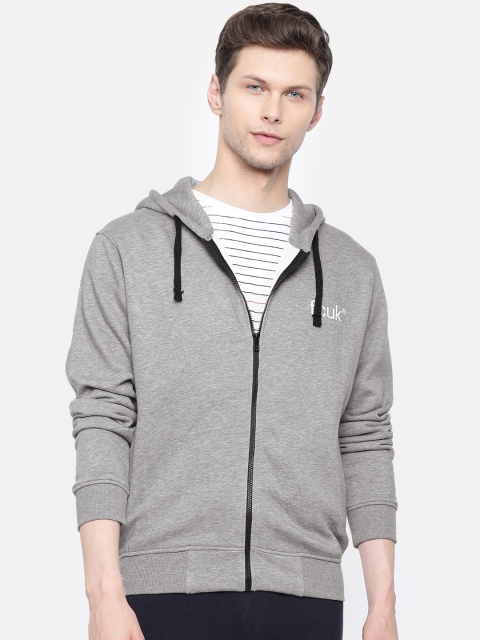 French Connection Men Grey Melange Solid Hooded Sweatshirt