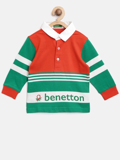 United Colors of Benetton Boys Red & Green Striped Polo Collar T-shirt