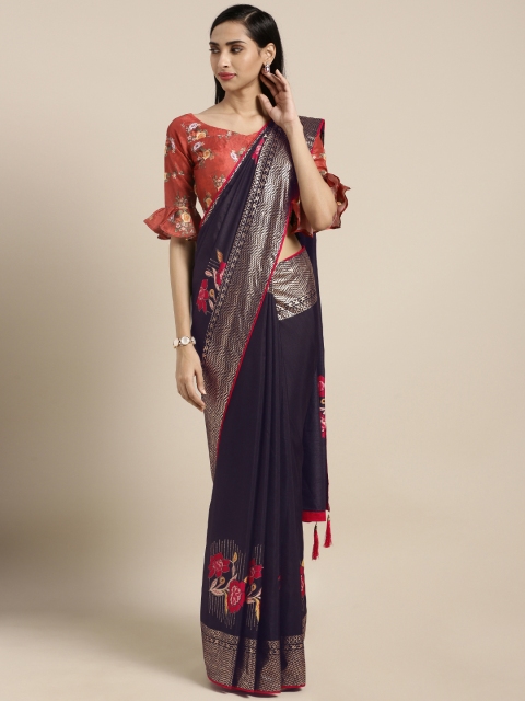 Kvsfab Black & Red Silk Blend Printed Saree