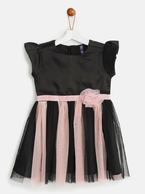 YK Girls Black & Pink Striped Net Fit and Flare Dress
