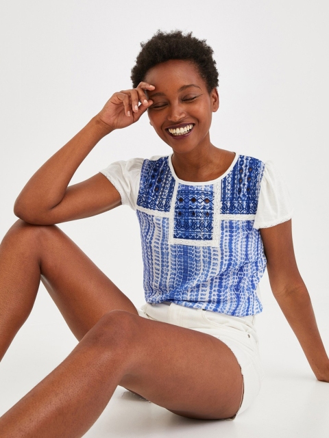 promod Women White & Blue Dyed Regular Top