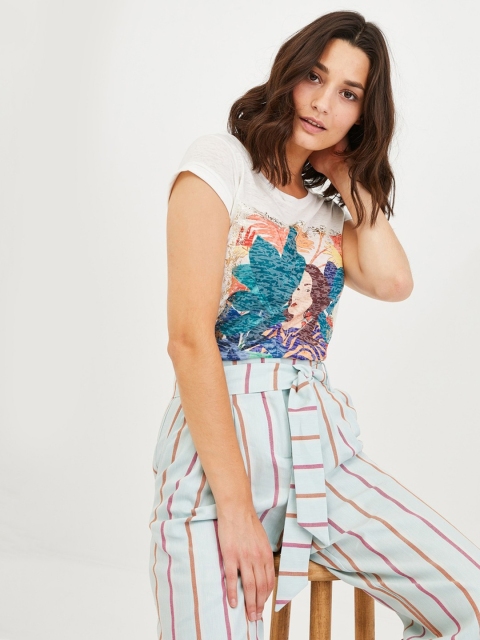 promod Women White & Teal Green Printed Regular Top