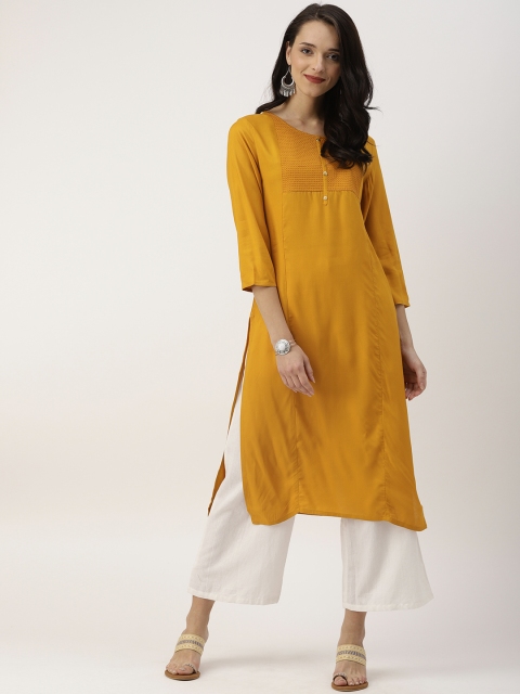 IMARA Women Mustard Yoke Design Straight Kurta