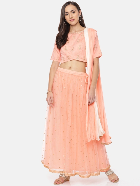 IMARA Peach-Coloured & Gold-Toned Embroidered Ready to Wear Lehenga & Blouse with Dupatta
IMARA Peach-Coloured & Gold-Toned Embroidered Ready to Wear Lehenga & Blouse with Dupatta