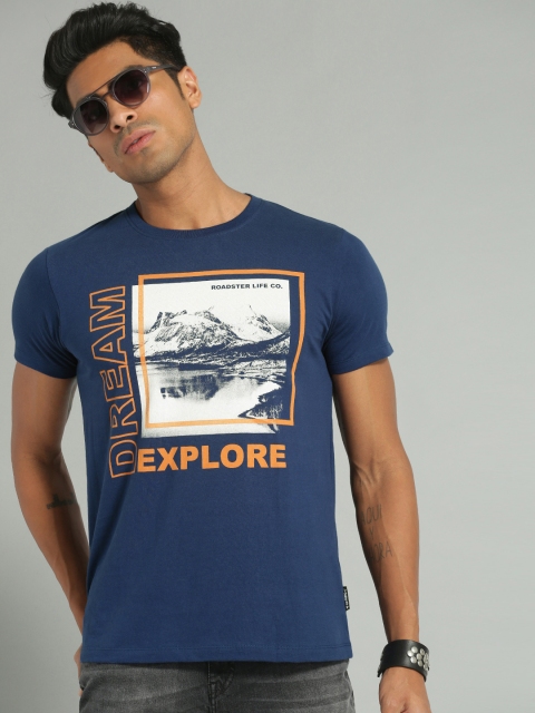 Roadster Men Blue & White Printed Round Neck T-shirt
