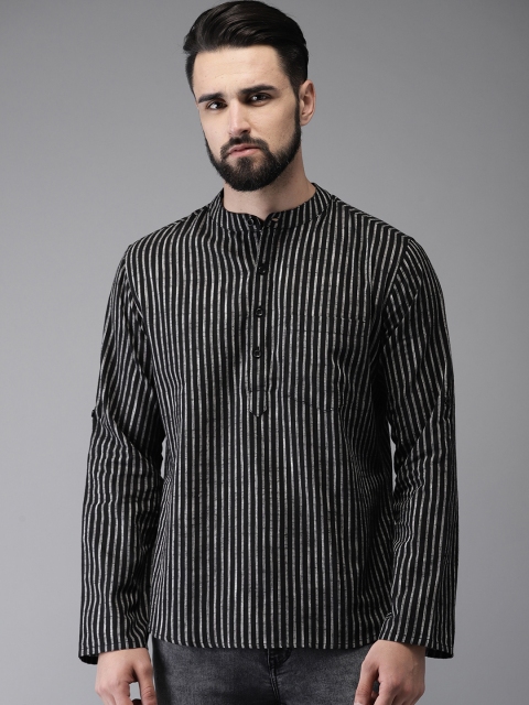 Anouk Men Black & White Striped Straight Kurta