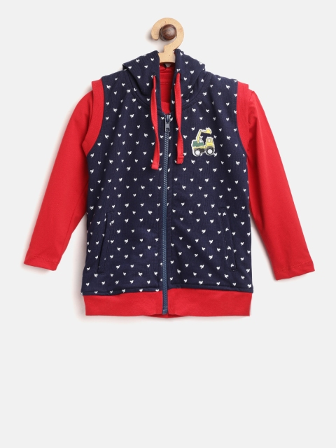 612 league Boys Navy Blue & White Printed Hooded Sweatshirt with T-shirt