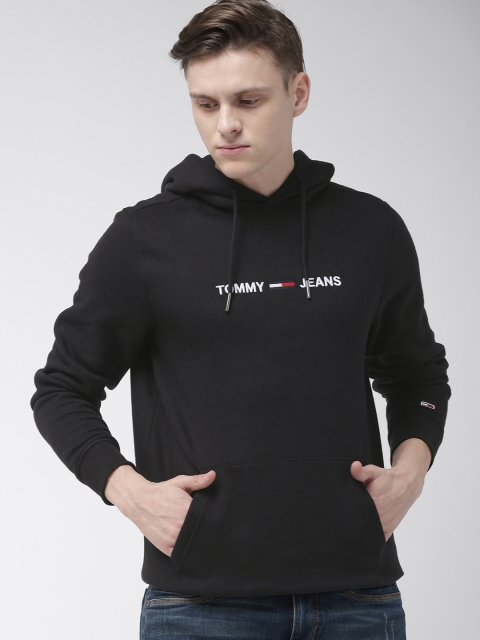 Tommy Hilfiger Men Black Solid Hooded Sweatshirt