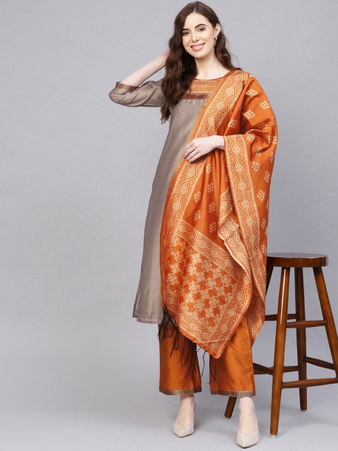 Jaipur Kurti Women Taupe & Orange Solid Chanderi Handloom Kurta with Palazzos & Dupatta