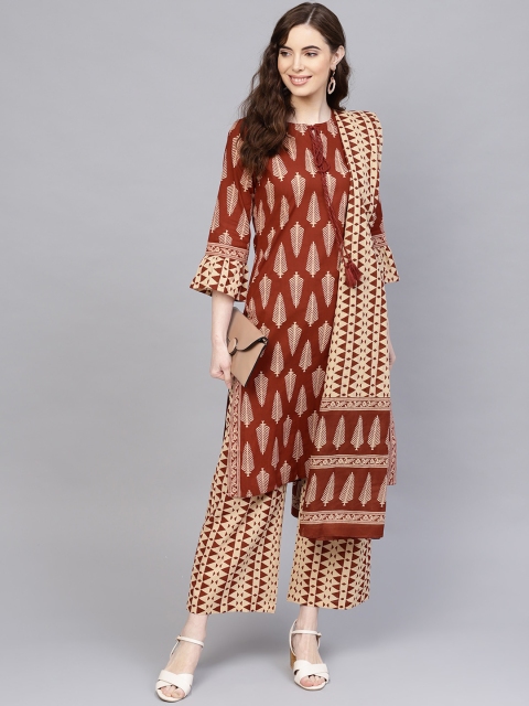 Jaipur Kurti Women Rust Brown & Beige Printed Kurta with Palazzos & Dupatta
